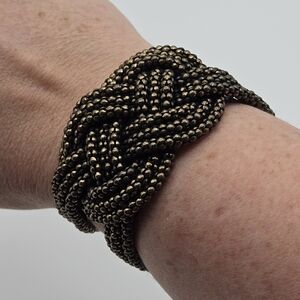 Vintage Y2K Brown Bronze Tone Metallic Seed Beaded Braided Cuff Bracelet